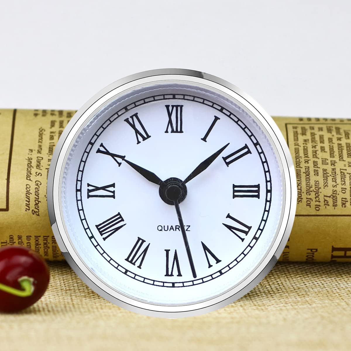 HILLHOME Mini Clock Insert 2.4 Inch (61 mm) Round Quartz Clock Fit-up Movement Miniature Clock White Dial Silver Tone Bezel Roman Numerals