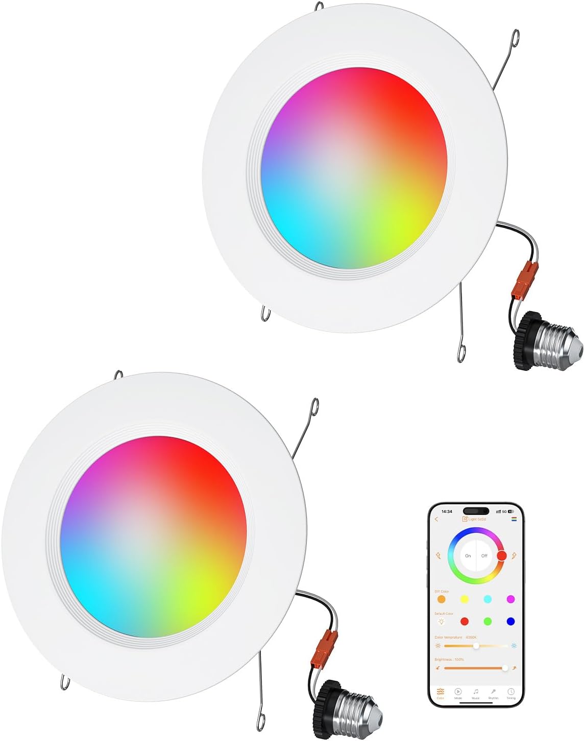 LED Recessed Lighting 5/6 inch, Smart Bluetooth Can Lights, 13W 1050LM, RGB Color Changing Selectable, Retrofit Led Recessed Light Fixtures Compatible with Alexa for Bedroom Living Room Kitchen, 2Pack LED Recessed Lighting 5/6 inch, Smart Bluetooth Can Lights, 13W 1050LM, RGB Color Changing Selectable, Retrofit Led Recessed Light Fixtures Compatible with Alexa for Bedroom Living Room Kitchen, 2Pack