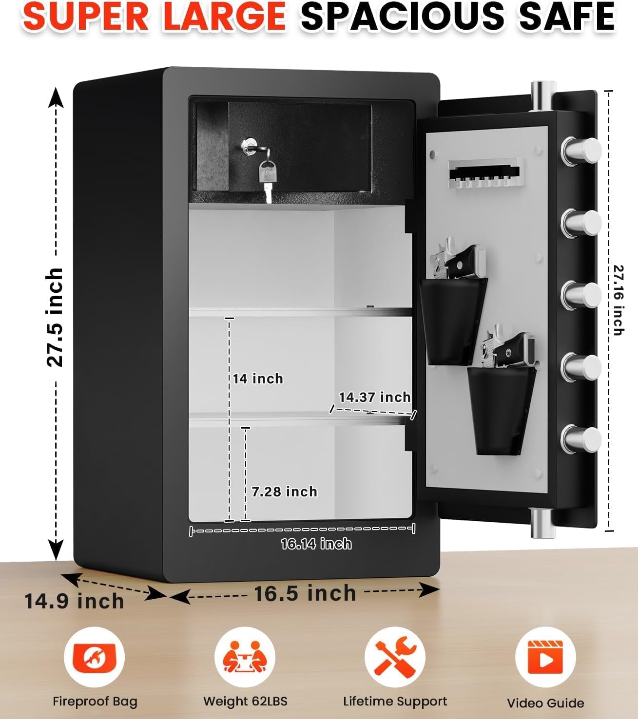 6.5 Cu Ft Biometric Fireproof Safe Box, Heavy Duty Home Safe with Fireproof Waterproof Bag, Large Document Storage Anti-Theft Dual Alerts, Mute Mode, Digital Security for Business