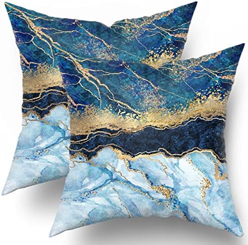Kawani Navy Blue Throw Pillow Covers 18x18 Set of 2, Gold Teal Abstract Marble Throw Pillows Cover, Turquoise Modern Seasonal Pillowcases Decor Gifts for Bed Couch Sofa Living Room