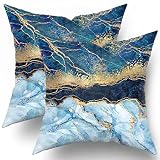 Kawani Navy Blue Throw Pillow Covers 18x18 Set of 2, Gold Teal Abstract Marble Throw Pillows Cover,