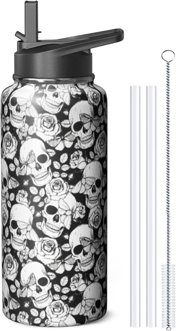 32oz Skull Water Bottle with Handle and Flip Straw, Skeleton Sports Stainless Steel Insulated Cup Travel Coffee Mug Tumbler, Birthday Mothers Day Chritmas Gifts for Women