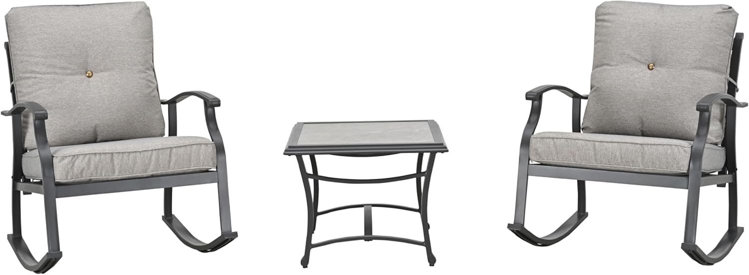 LOKATSE Home 3 PCS Patio Rocking Bistro Set Outdoor Conversation Furniture Sets with Cushion Metal Chairs and Coffee Table for Backyard Deck Lawn Garden