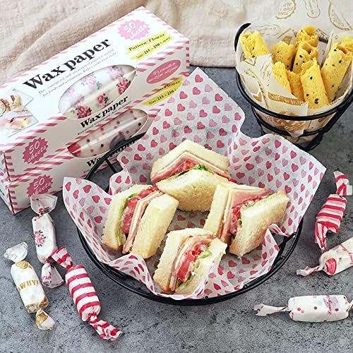 100 PCS Food Grade Wrap Paper, Heart Greaseproof Paper Waterproof Wax Paper Sheets Food Wrapping Liners Food Basket Paper Food Wrapping Tissue Sandwich Wrappers for Sweets Cakes Cheese Baking