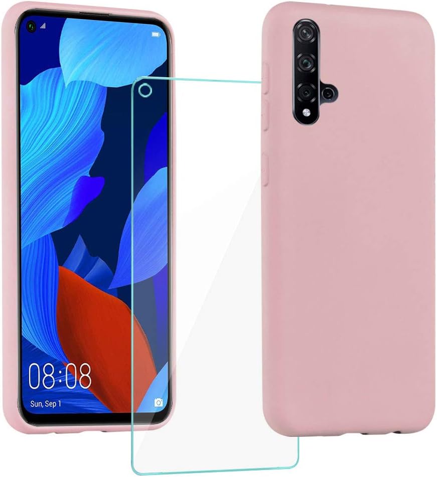 XinYue - Case for Huawei Nova 5T / Honor 20 + Screen Protector, Liquid Silicone Gel Rubber Shockproof Case, 3 Layer Structure Premium Silicone Full Body Protection Case-Pink