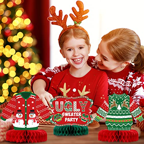 9 Pieces Christmas Ugly Sweater Party Decorations Ugly Sweater Party 3D Tables Topper Xmas Table Honeycomb Centerpieces Ugly Sweater Christmas Ugly Cutouts Centerpieces For Winter Holiday Supplies #TOP5