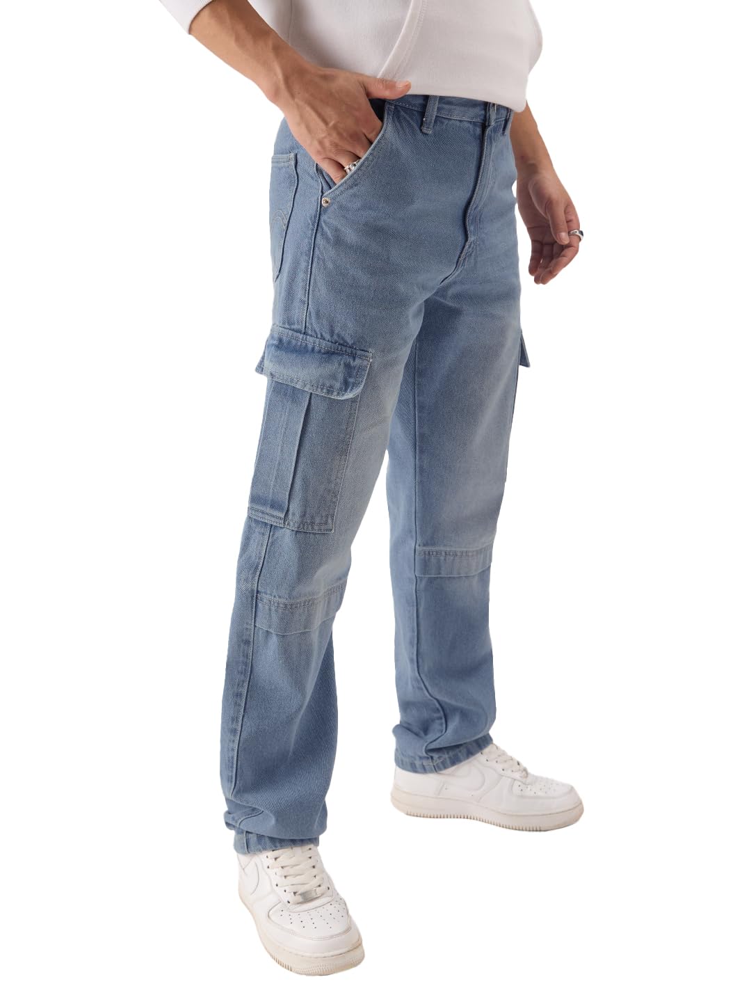 The Souled Store Solids: Azure Blue Mens Regular fit Button Cotton and Spandex Cargo Jeans