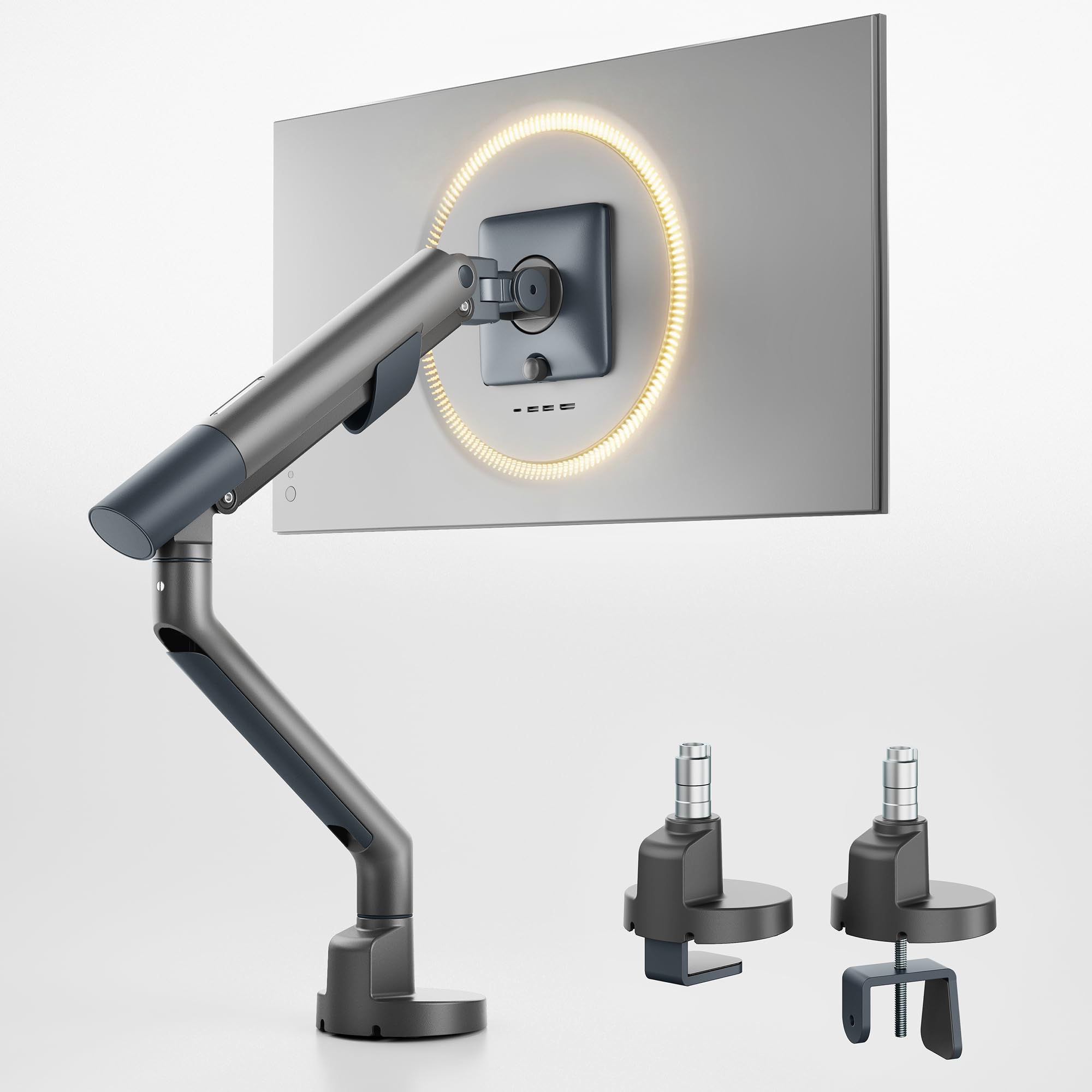 Photo 1 of monTEK Heavy Duty Single Monitor Arm for 17-40 Inch Screens, Full Motion Monitor Mount Up to 26.4 lbs, Aluminum Monitor Stand with VESA 75/100mm, C-Clamp/Grommet Base for Curved Screens, Gray