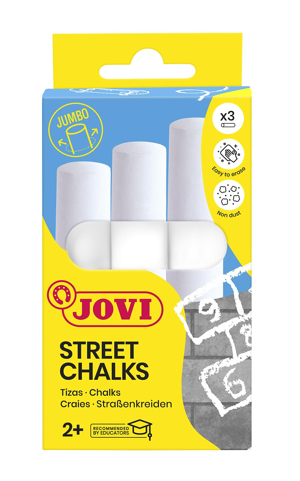Jovi - STREET CHALKS Set of 3 Jumbo Super Thick Chalk for Floor Painting, Anti-Dust, White (1031)