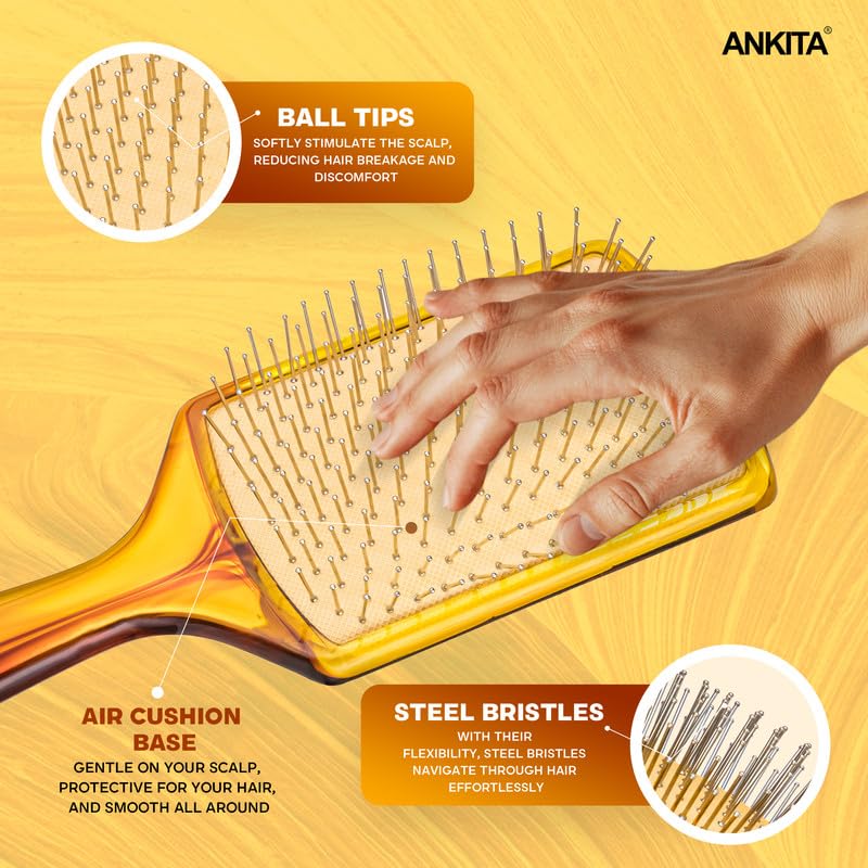 Image of Ankita Paddle Hair Brush with Steel Pin Bristles|Hair Brush with Strong and Flexible Bristles|For Grooming, Straightening, Smoothing, Detangling Hair, Ideal for Men & Women|(A37)
