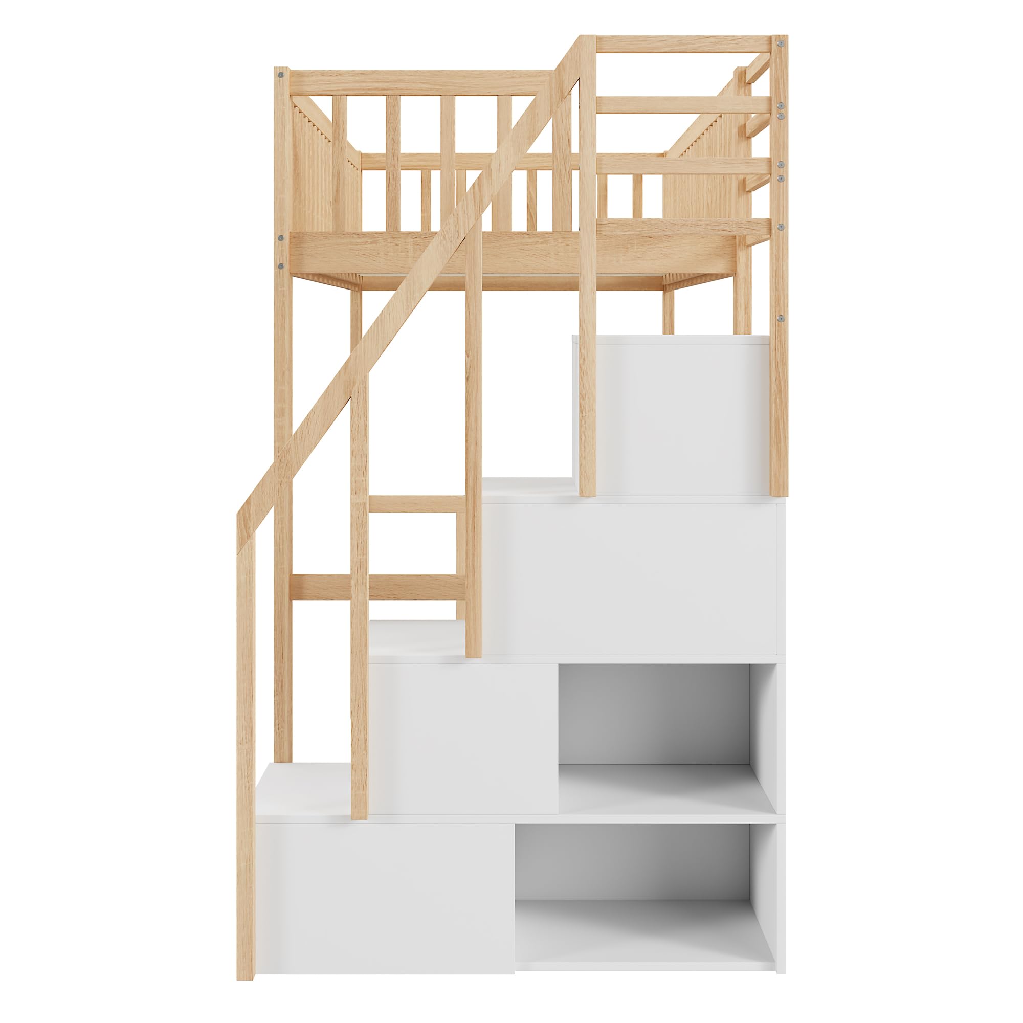 Moimhear Letto a soppalco 90x200cm con scala di sicurezza e contenitore, struttura del letto in legno di pino massiccio per bambini e ragazzi (colore legno + bianco)