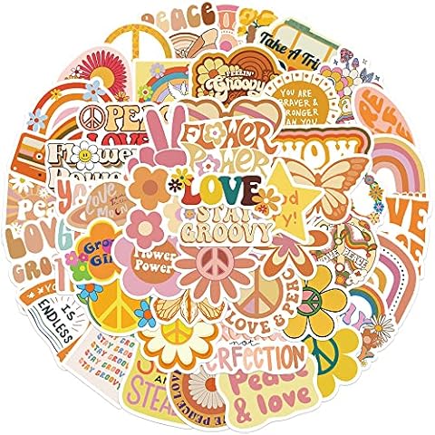 Bric dodo 50Pcs Hippie Style Stickers Laptop Car Scrapbook Phone Skateboard Suitcase Luggage Bike Hippie Stickers Vinyl Waterproof Aesthetic Personalised Stickers for Teens Boys Girls Adults Children Cover