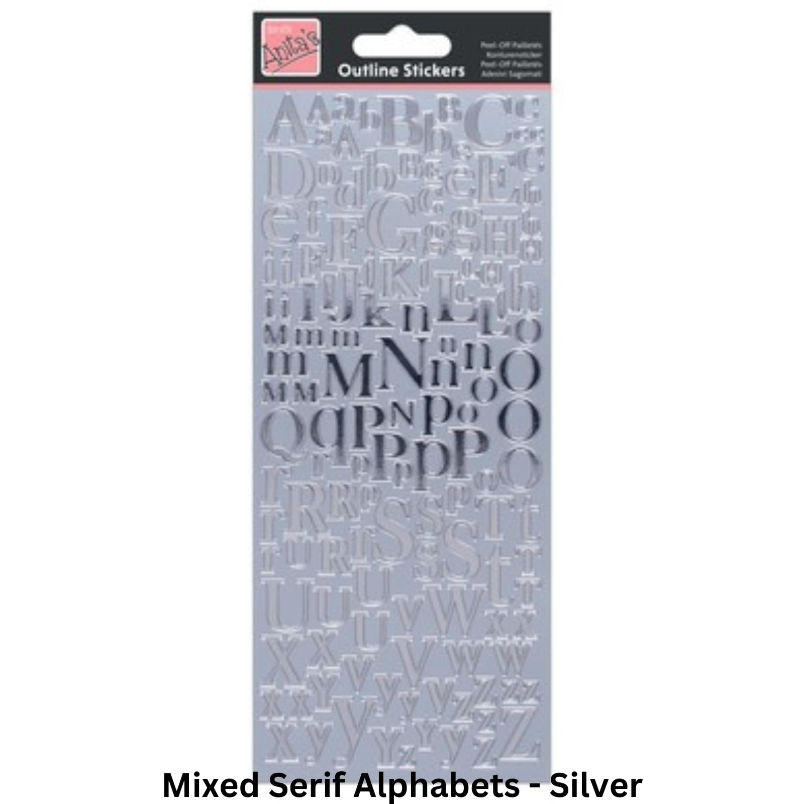 Anitas Outline Stickers, Mixed Serif Alphabets, Silver, For Scrapbooking, Card Making, Kids Play, Homework, Art, Craft, Embelish, Decorative, Paper, Card, Glass, Metal, Plastic, Foam