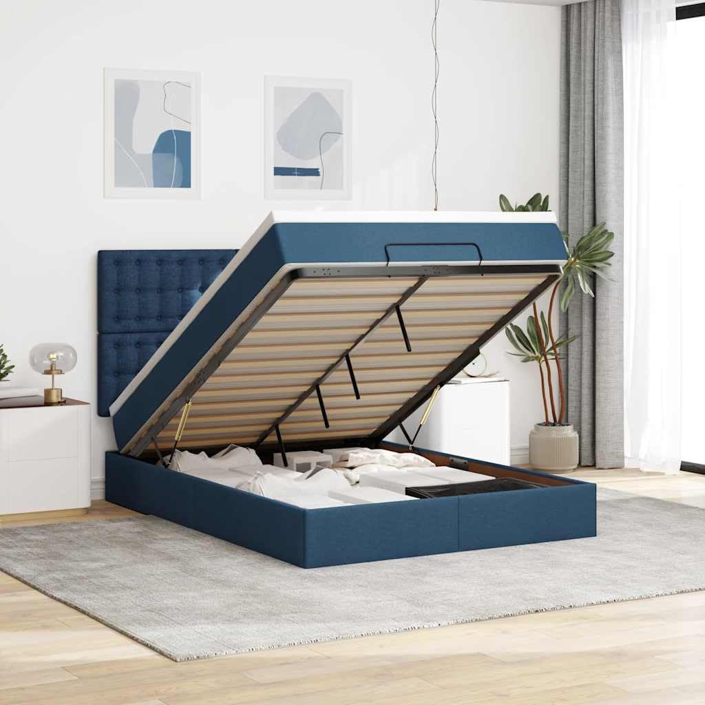 Pouf letto portaoggetti blu 140 x 190 cm con materasso e cuscino, traspirante, meccanismo di sollevamento idraulico, design moderno per camera da letto e sala ospiti
