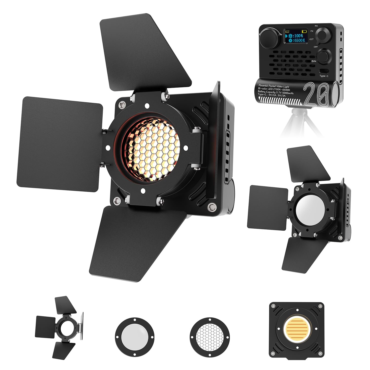 Takerers Bi-Color Video Light, 20W COB 5000mAh Portable Camera Photography Light, CRI 95+, 2700-6500K, 12 Light Effects, 8 Preset CCT, Magnetic Honeycomb Grid, Silicone Diffuser & Barn Door Included