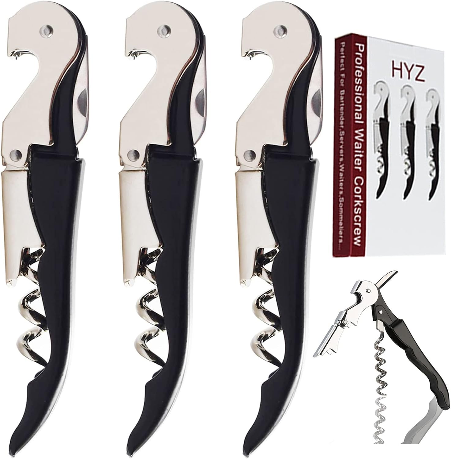 Wine Key Pack of 3 Black, HYZ Waiter Corkscrew with Foil Cutter and
