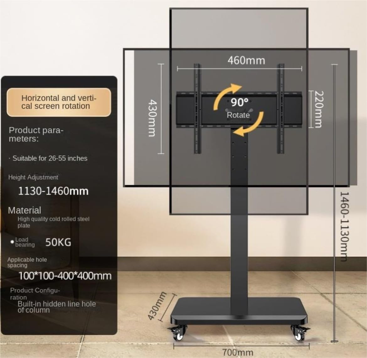 Soporte Para Tv Giratorio Para Televisores De 26 A 55 Pulgadas, Con Ruedas, Carrito Móvil Para Tv, Altura Ajustable, Soporta Hasta 60 Kg (132 Lbs), Soporte Para Tv Para Sala De Estar, 70 X 43 X 146 C
