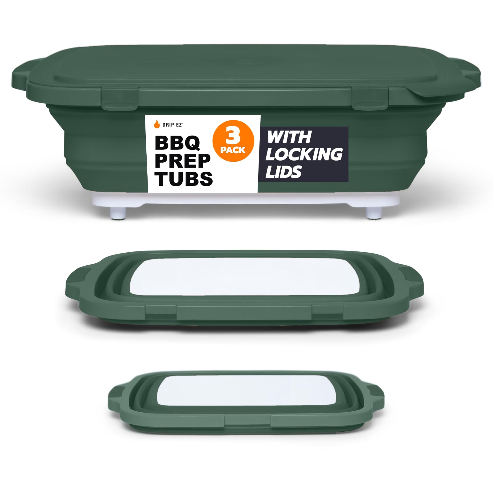 Drip EZ Collapsible BBQ Prep Tubs 3-Piece Set - For Meal Prep Marinating Food Storage - Includes Cutting Board & Lid - (1) JR + (1) OG + (1) XL - Green