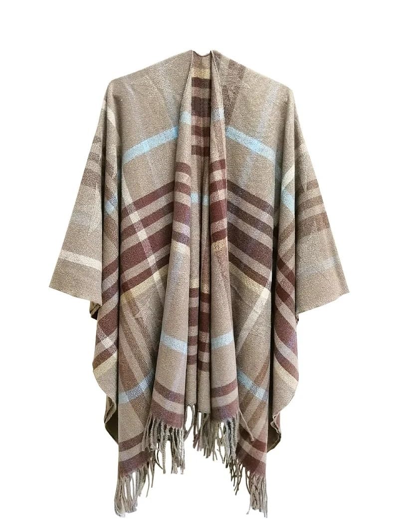 GMGQJST Shawl For Women Imitation Cashmere Women Spring Autumn Double sided Plaid Split Shawl Warm Street Poncho Lady Capes White Cloaks(8)
