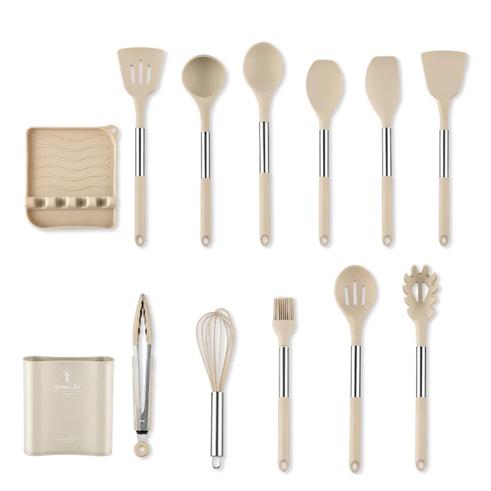 Juego de 13 utensilios cocina silicona antiadherente: espátula, batidor, pala y con mango acero inoxidable(Khaki 13Pcs)