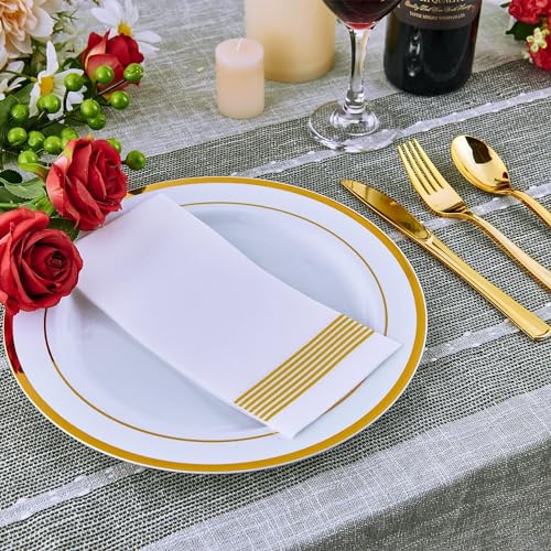 Gikisla 25 Pieces Plastic Plates, White & Gold Rimmed Reusable Plates Premium Heavy Duty - Image 4