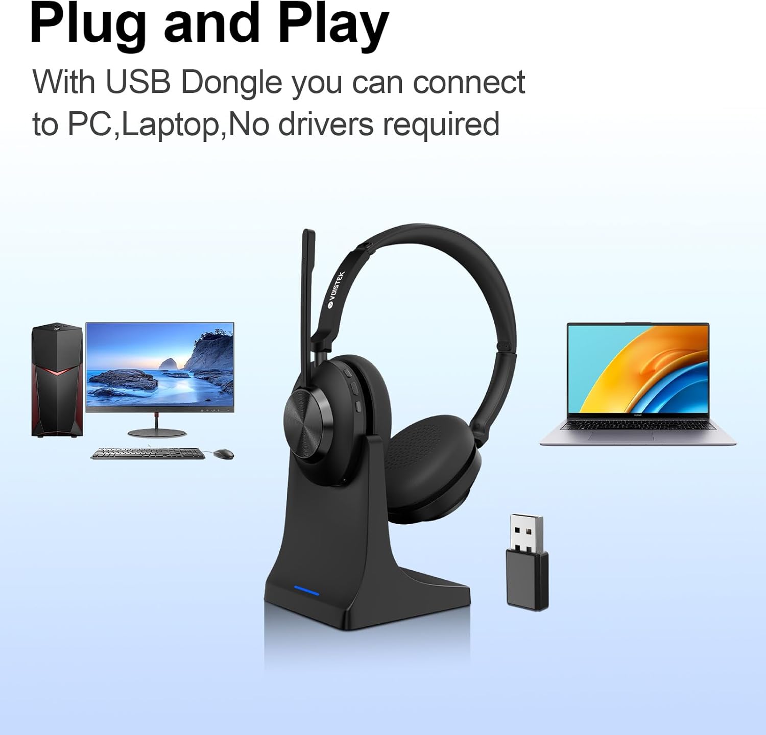 Voistek Wireless Bluetooth Headset with Noise-Cancelling Microphone,USB Dongle for Computer,On Ear Volume Control and Mic Mute for Windows, Mac, Chrome, iOS, iPadOS, Android - Image 7