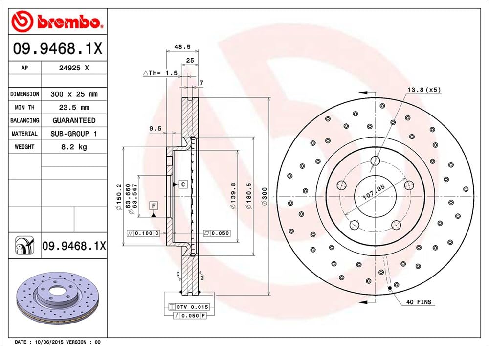 Brembo Xtra 09.9468.1X - Disco Freno Forato Anteriore, Set di 2