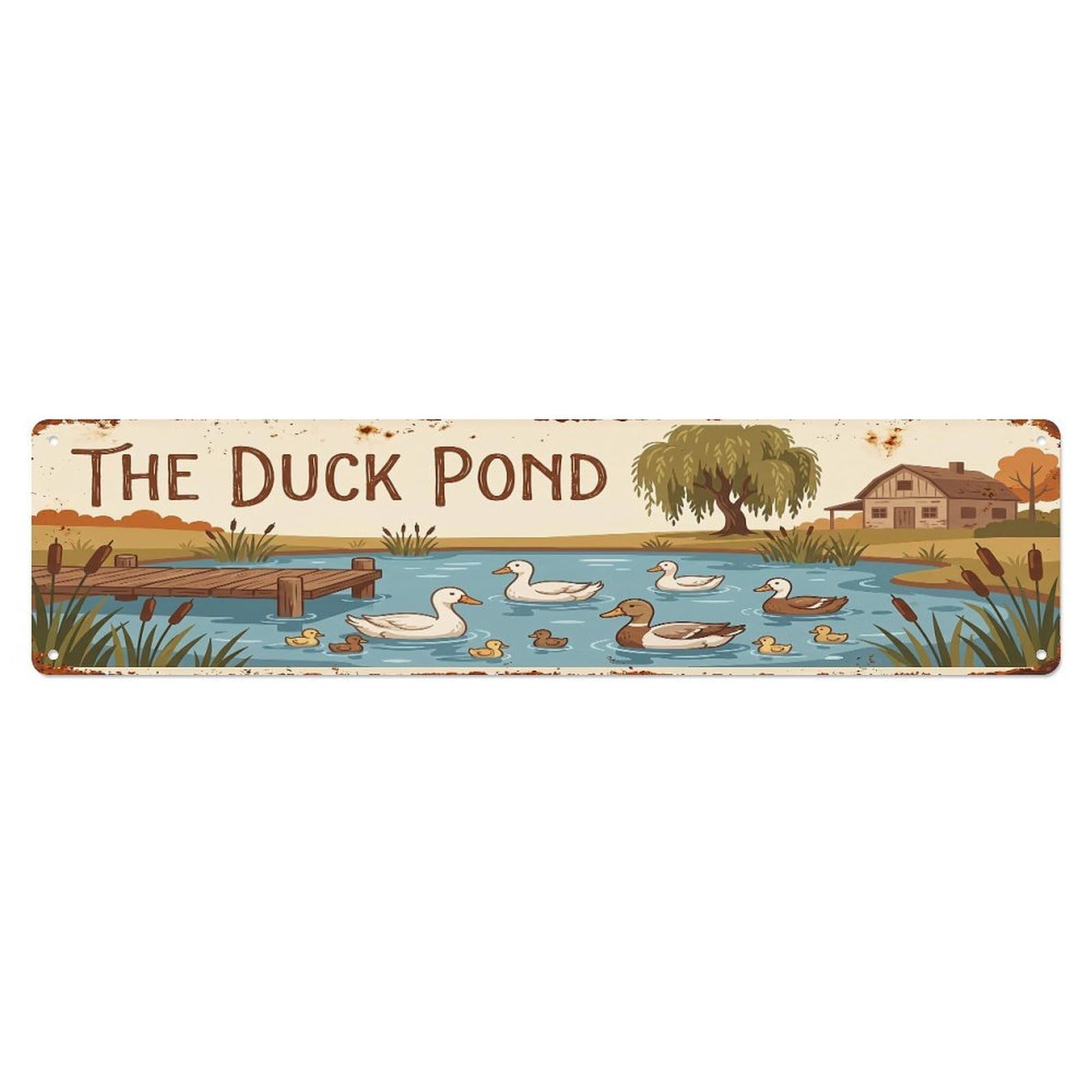Vintage Duck Farm Scene The Duck Pond Metal Tin Sign