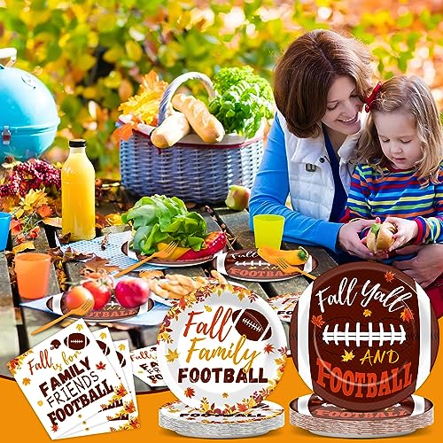 Image of 96 Pcs Football Fall Party Supplies Football and Fall Y'all Tableware Plates Napkins Rustic Football Autumn Dinnerware Table Decorations Maple Leaves Thanksgiving Holiday Party Favor for 24 Guests