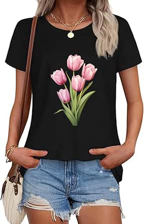 Womens Crew Neck Flowers Print Summer Casual T-Shirt Short Sleeve ...