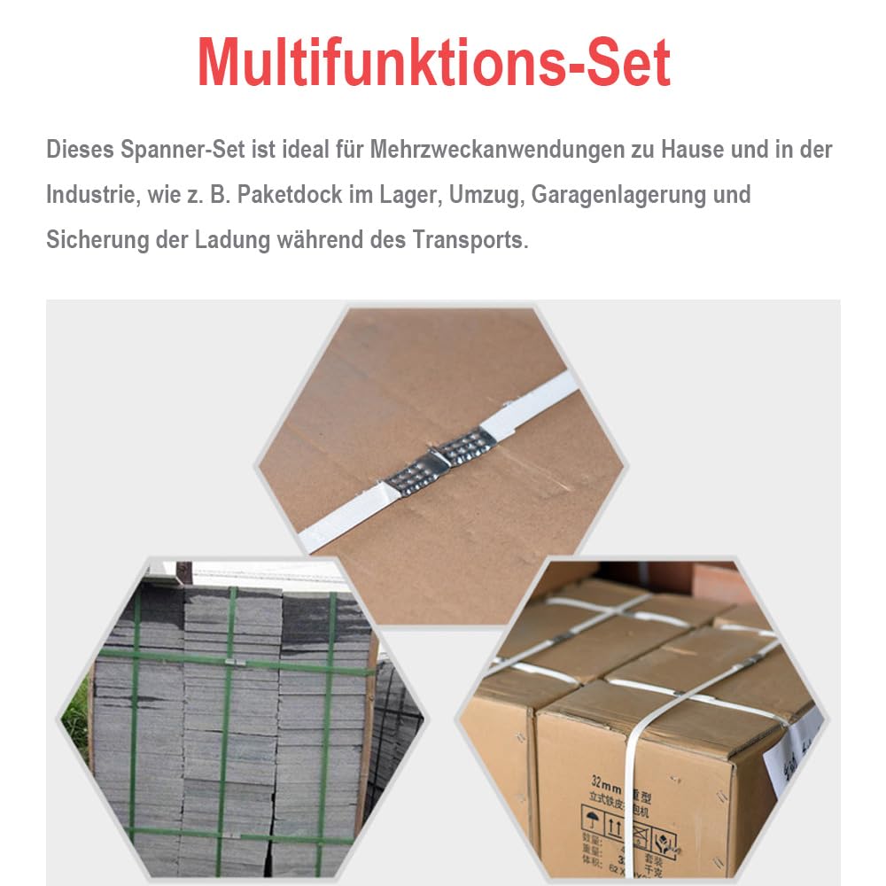 Bindewerkzeug Set für Umreifungsbänder – Poly Umreifungsspanner, Schneider & Versiegeler, manuelles Umreifungswerkzeug, Ankerwinden Set für 1/2–3/4 breites PP Band, mit 200 Verschlusshülsen