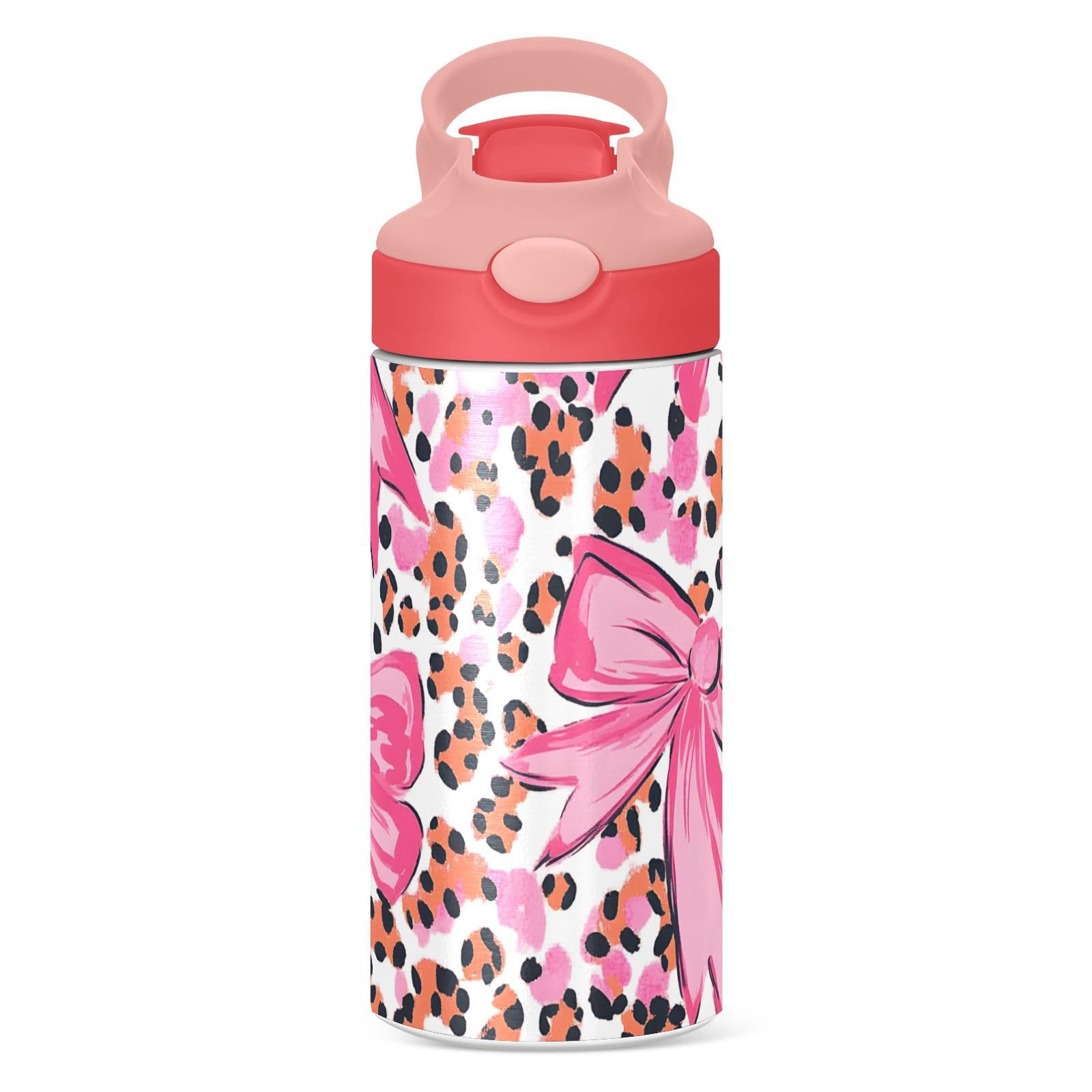 Borraccia termica per bambini con stampa leopardata e fiocco rosa, tazza da viaggio con cannuccia e manico, tazza in acciaio inox, per viaggi, scuola, ragazze, 350 ml