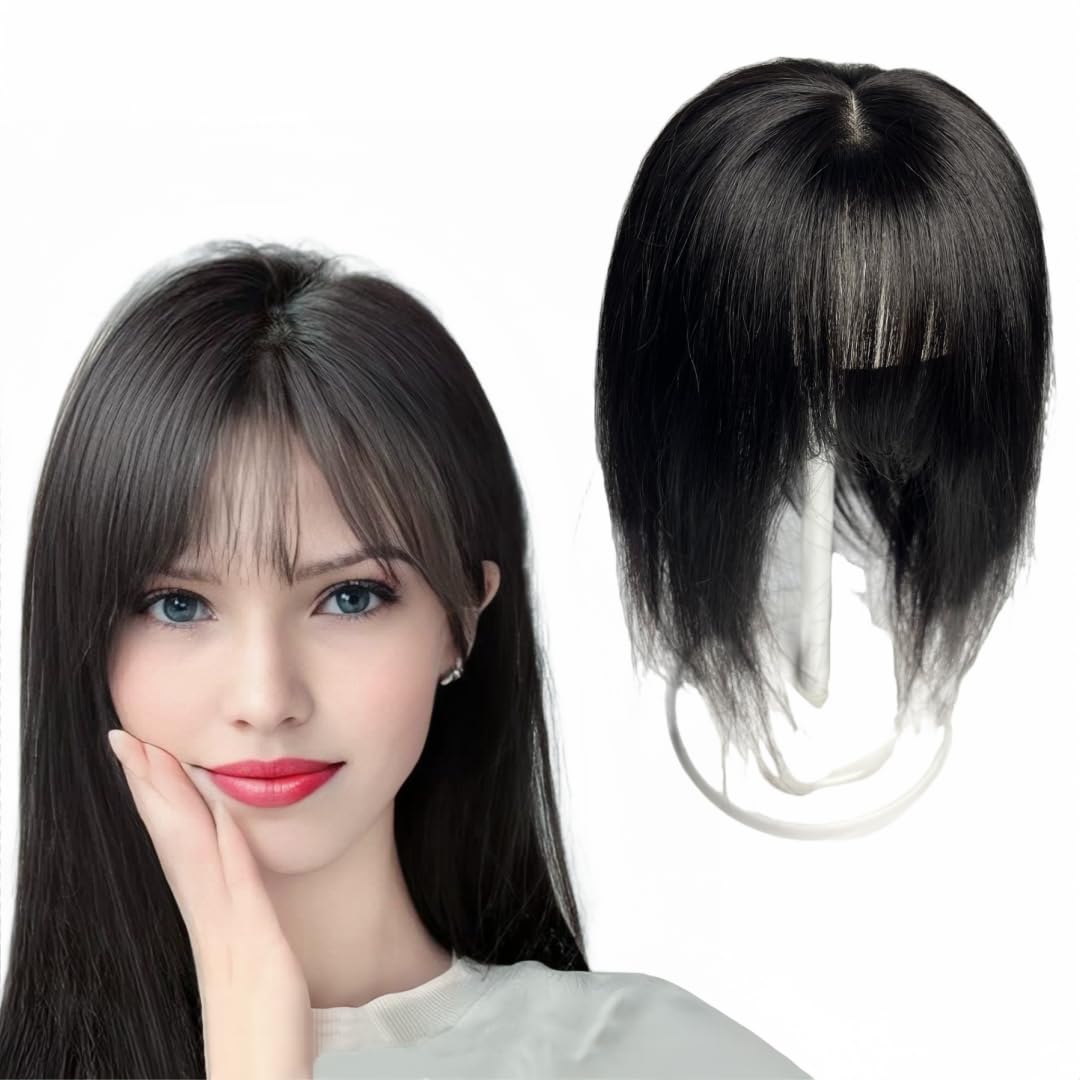 AYunhe Natural Human Hair Toppers Middle Parting Straight Hairpiece with Bangs Invisible Lace Base Skin-colored Scalp Part Clip In Extension For Hair