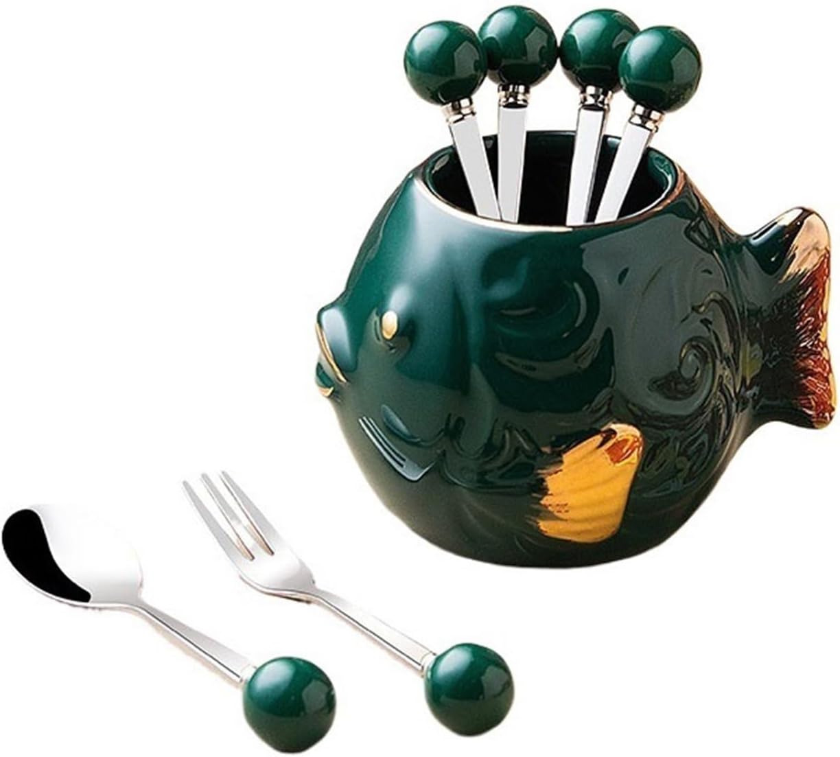 Cake Forks，Fruit Fork Household Ceramic Fork Storage Jar Appetizer Forks h Storage Can, Reusable Mini Fork for Appetizers Dessert Cake Ice Cream Fruits, Charcuterie Forks, Stainles(Green)