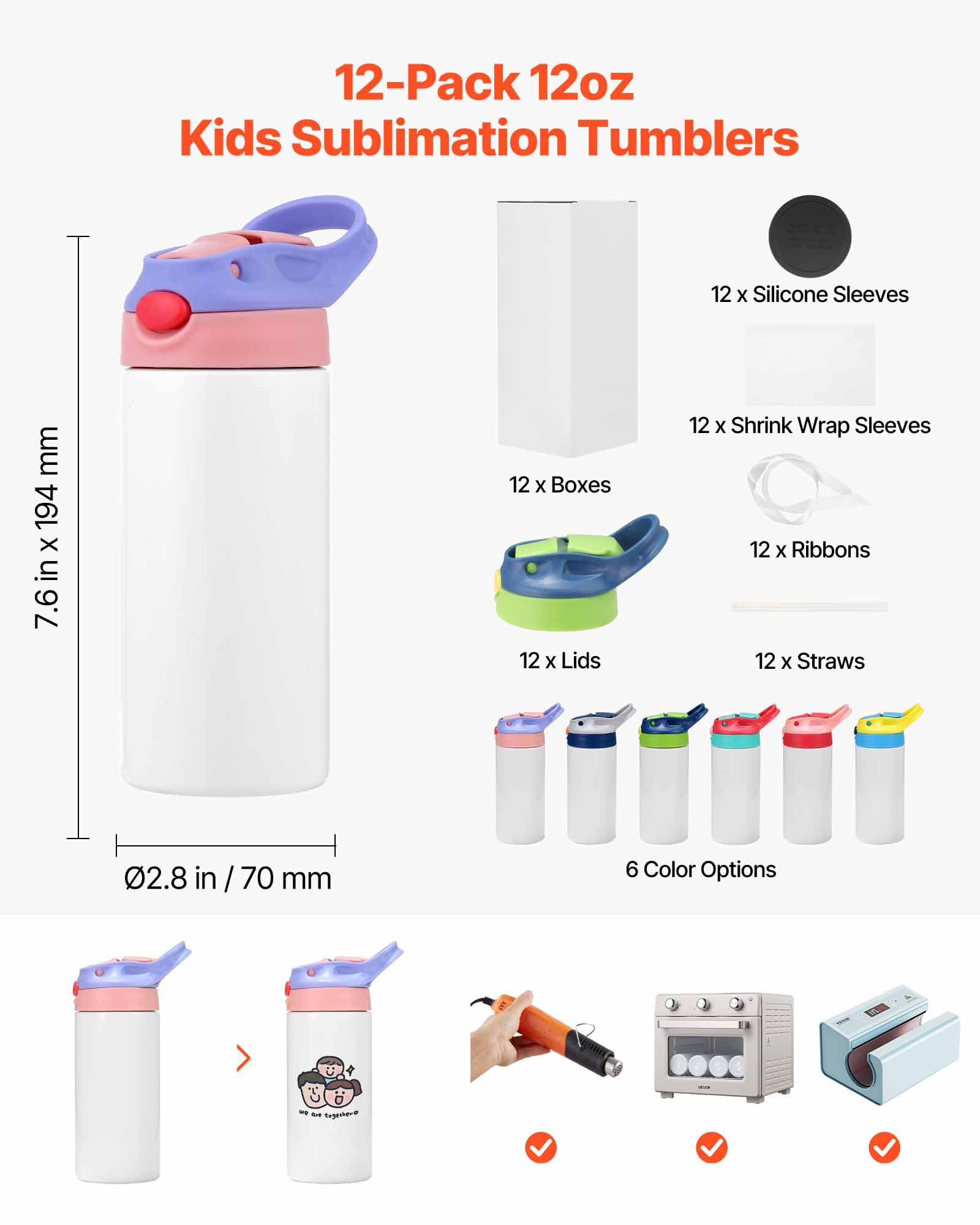 VEVOR Gobelet à Sublimation Vierge 12PCs 355 mL, Gourde Enfant à Personnaliser en Inox de Qualité Alimentaire, pour Personnalisation DIY, Bouteille Sublimable Isotherme à Double Paroi Isolée