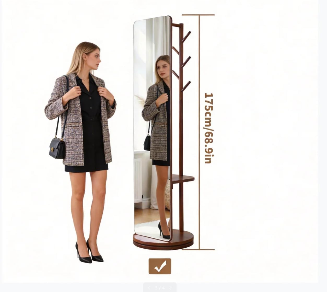 WoodsWhisper Full Length Mirror Coat Rack Solid Wood Floor Mirror 70"x19"Full Length Mirror with Stand,Living Room (Deep Walnut, 66" Lx12 W),Cloakroom