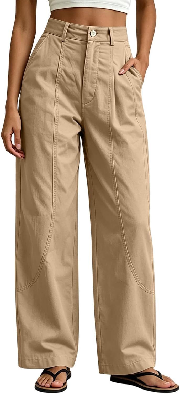 Wide Leg Pants for Women High Waisted Straight Leg Business Casual Elastic Waist Work Trouser Pants with Pocket