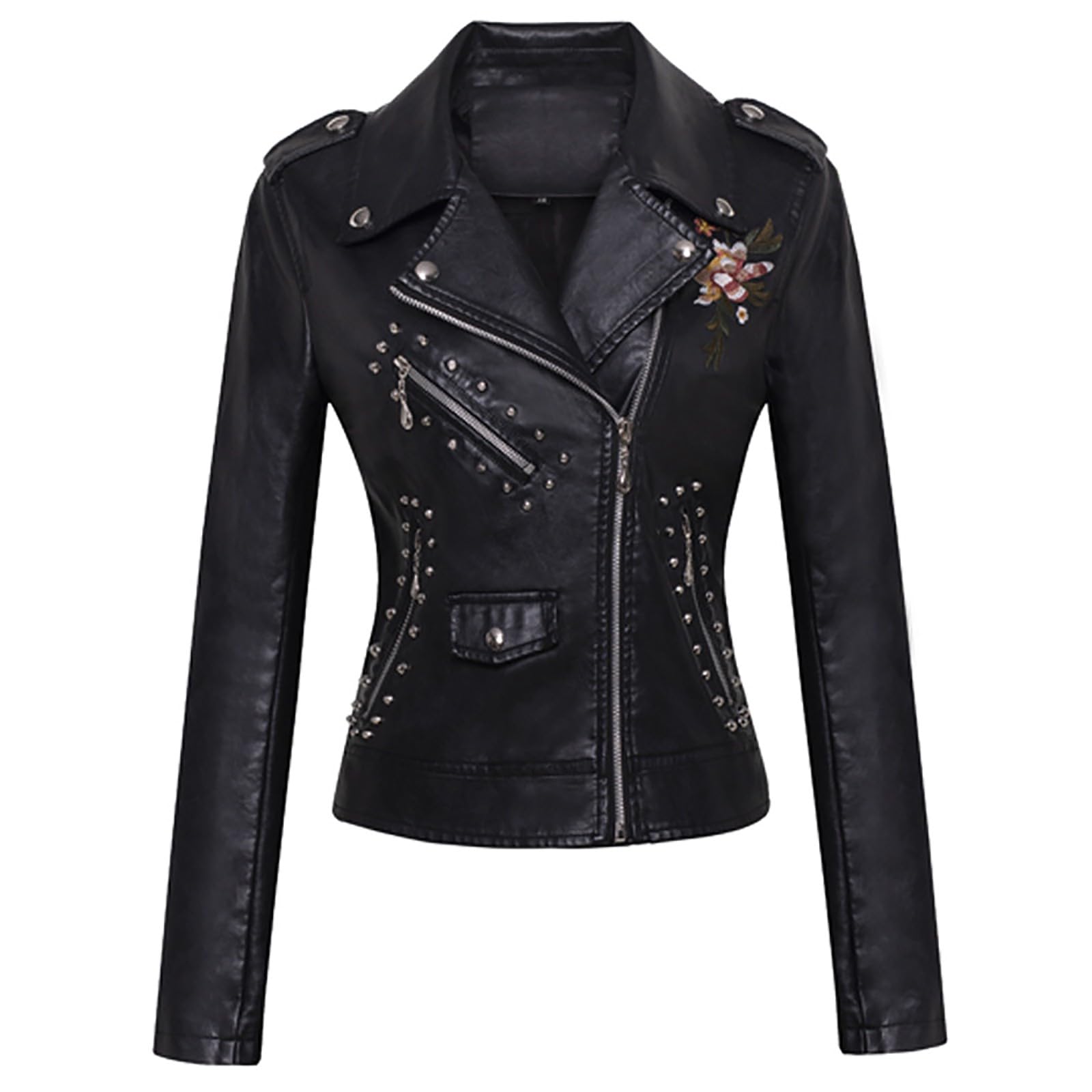 NinedayxLeather Coat Women Motorcycle Jacket Women Leather Motorbike Jacket Leather Biker Jacket Women Ladies Lightweight Jackets Lightweight Winter Pu Long Sleeve Embroidered Metal Lapel