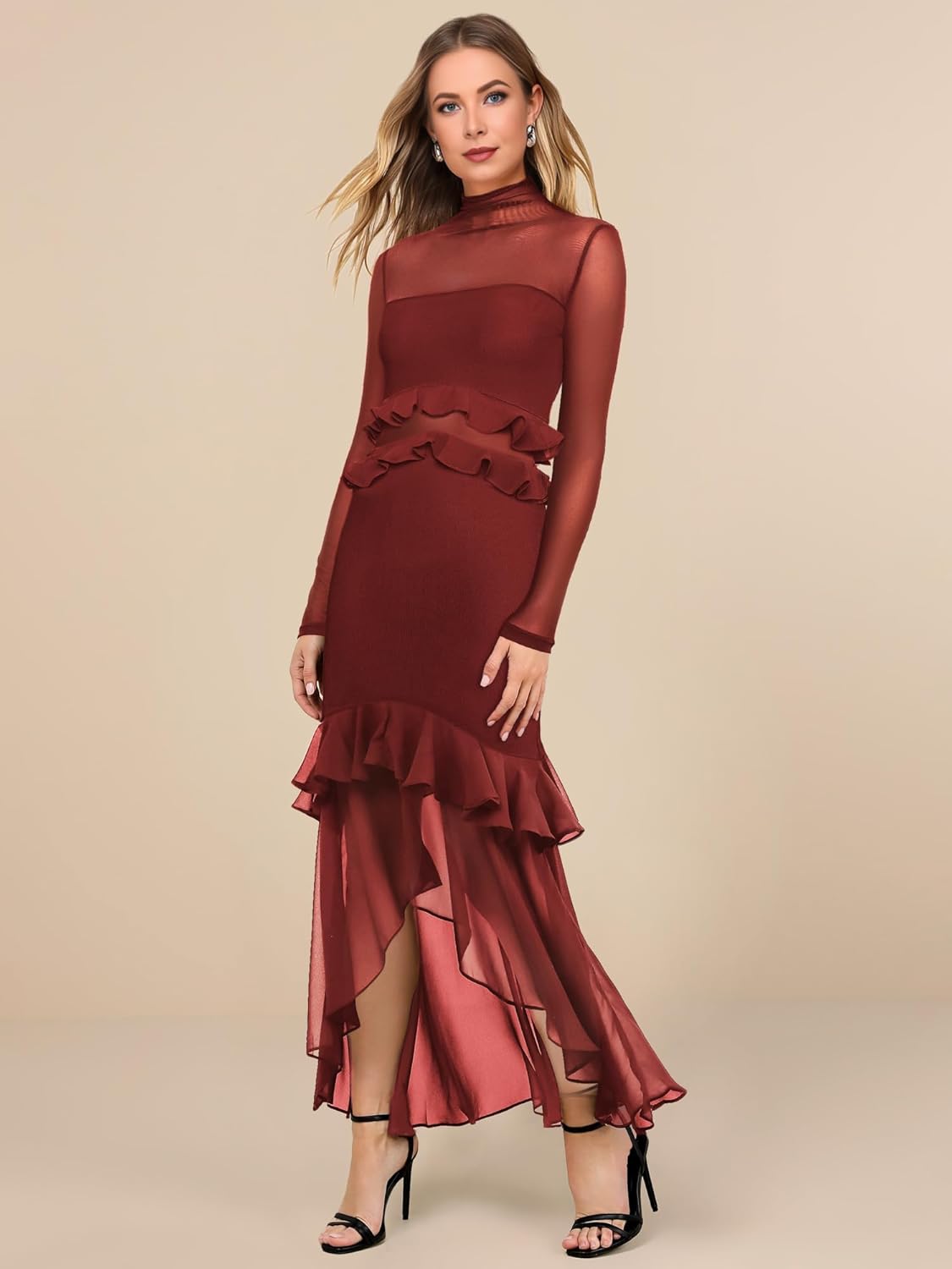 SEBOWEL Women's Long Sleeve Maxi Dress Ruched Bodycon Formal Cocktail Dress for Wedding Guest Evening Dresses for Women - Image 3