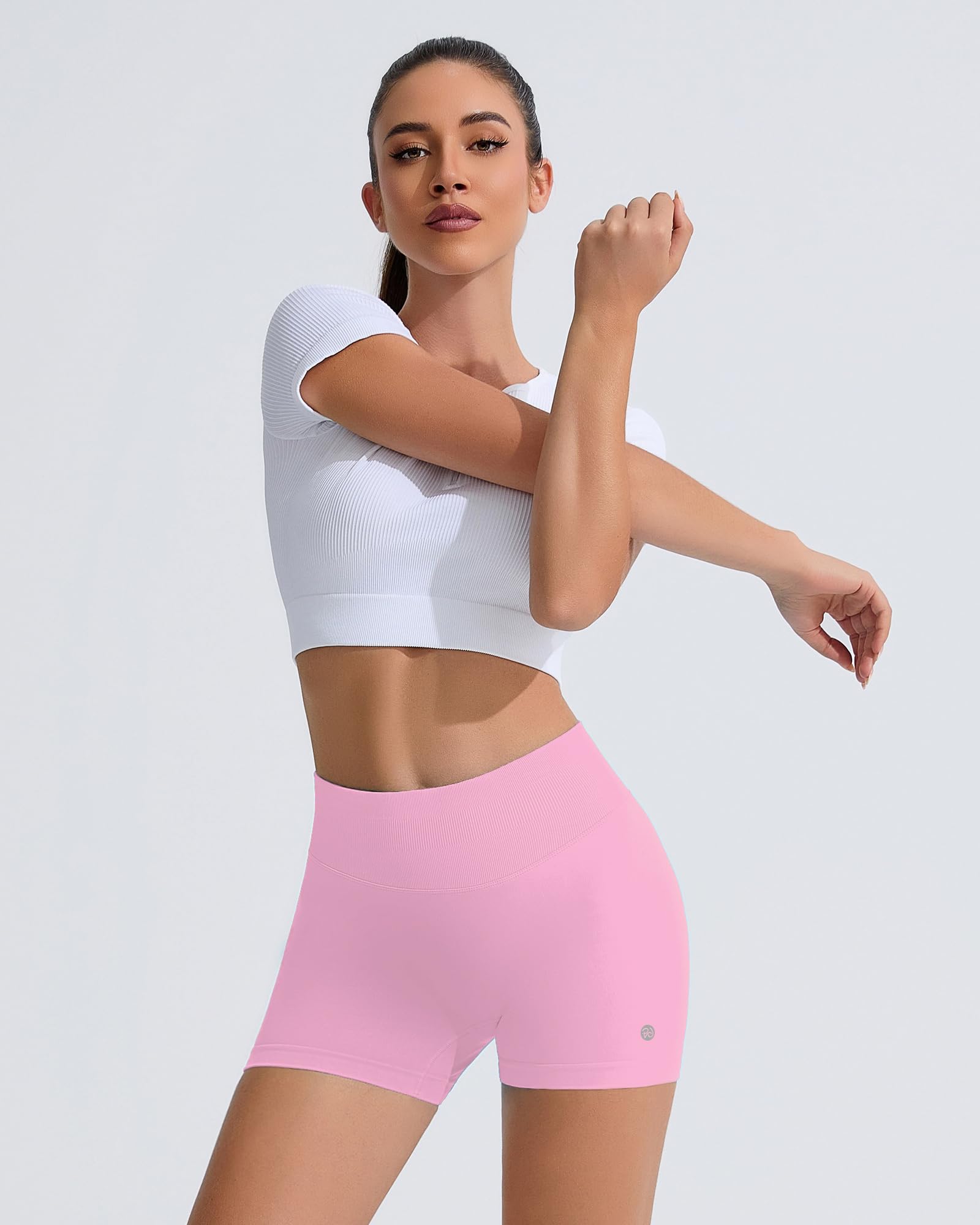RIOJOY Sport Shorts Damen, Nahtlose Workout Short für Frauen, 4'' Hochtaillierte Bauchkontroll, Ohne Vordernaht Yoga Biker Athletic Laufshorts