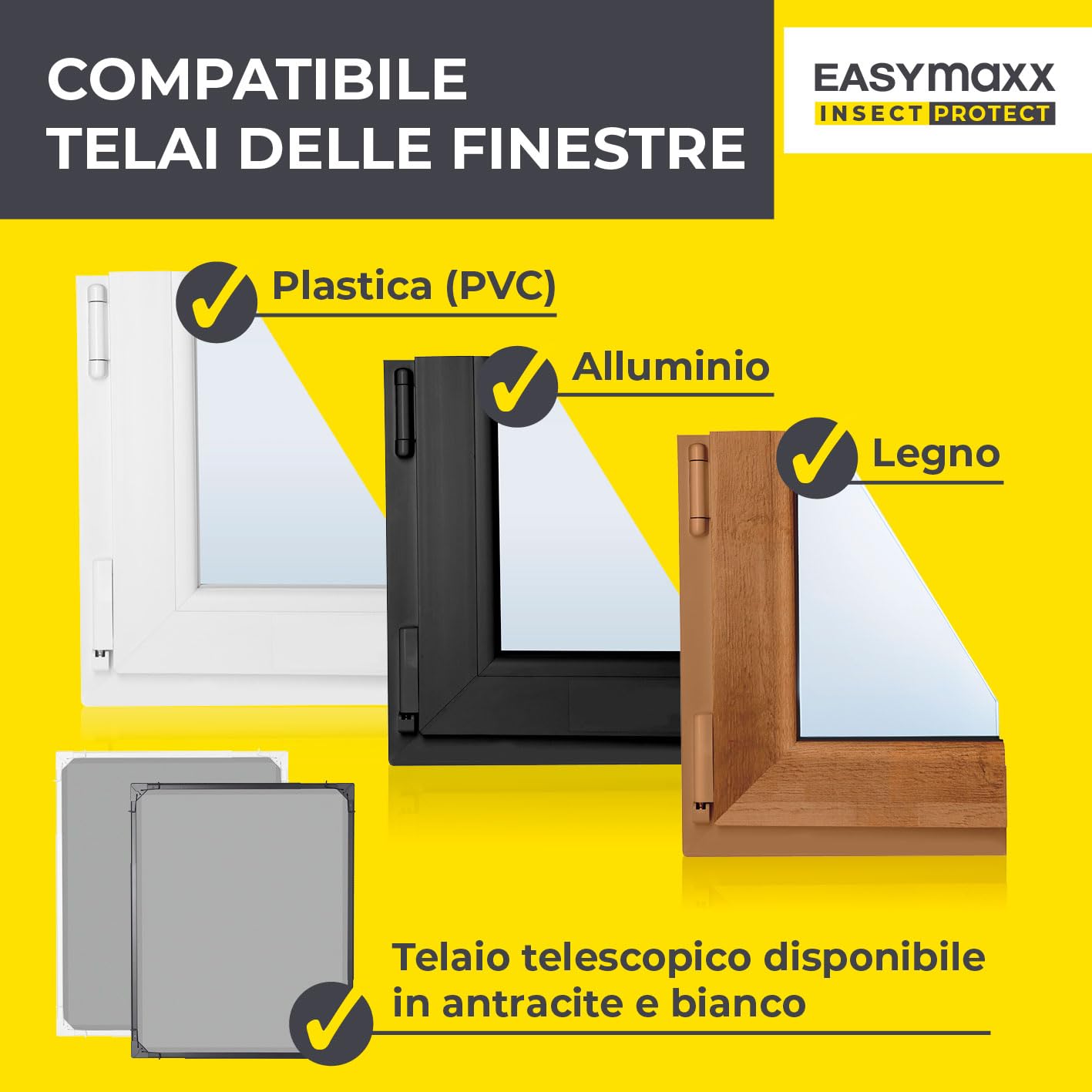 EASYmaxx Insect Protect Zanzariera telescopica | Rete Anti-Insetti per finestre | Con telaio premontato | Estensibile | Rete integrata | Antracite | 1 Pezzo