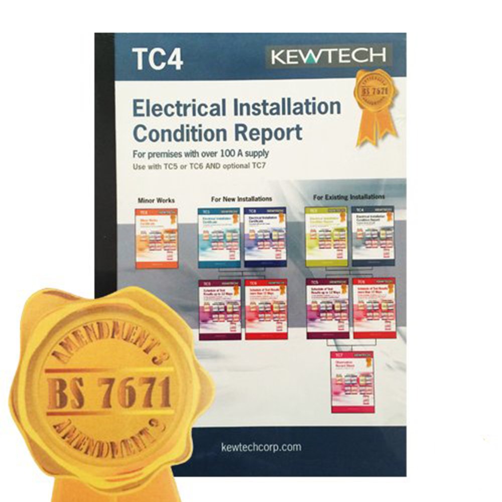 Kewteck Kewtech Tc4 - Amendment 3 Compliant Electrical Installation Condition Report For Supplies Greater Than 100A Book, Contains 7 Certificates (6 Pages Per Certificate), With Copies For Customer & Contractor Use, Must Be Used With Tc5 Or Tc6 And Optional Tc7
