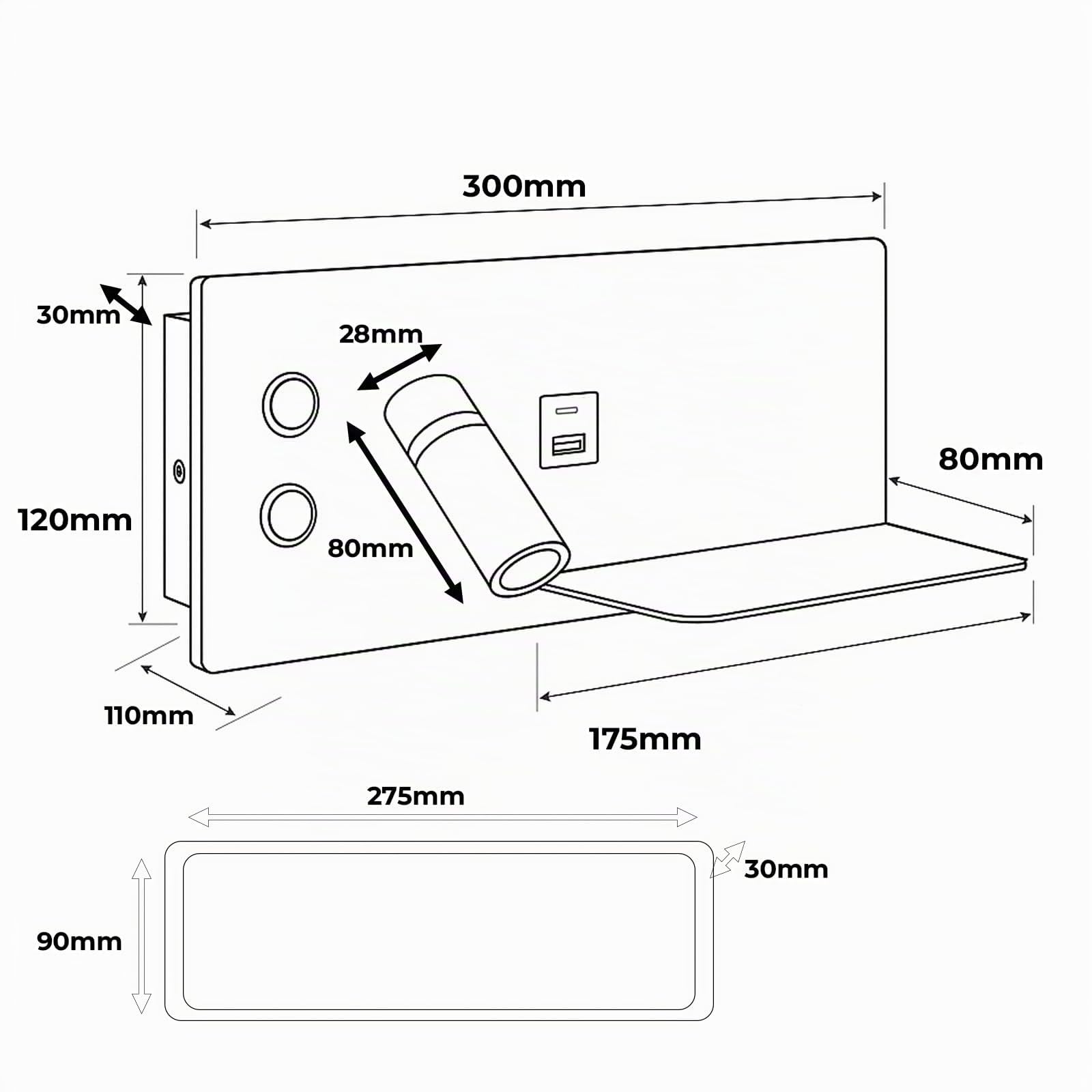 Alpinaluz Applique da Parete Nero Opaco con Faretto LED Sinistro, Luce Calda 2700K, Porte USB-C e USB-A, Interruttori Indipendenti e Mensola Metallica per Cellulare