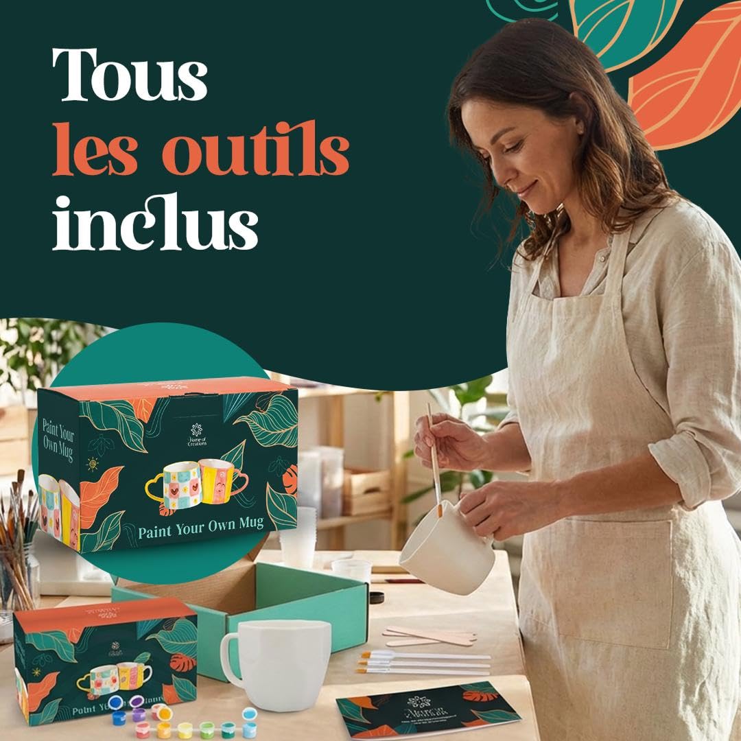 Home of creations Kit Peinture sur Céramique – Coffret Créatif avec 2 Grands Mugs Blancs, Peintures Spéciales Porcelaine et Pinceaux – Activité DIY et Cadeau Personnalisé pour Adultes et Enfants