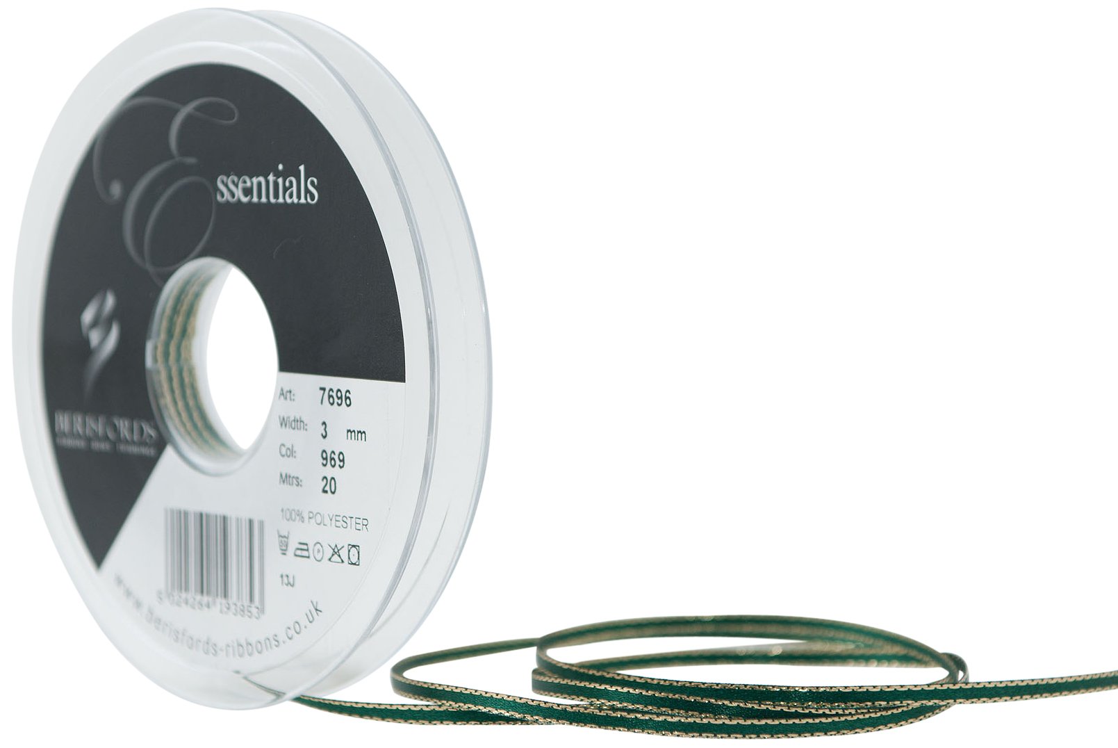 Berisfords 3 mm Gold Edge Satin Ribbon, Forest