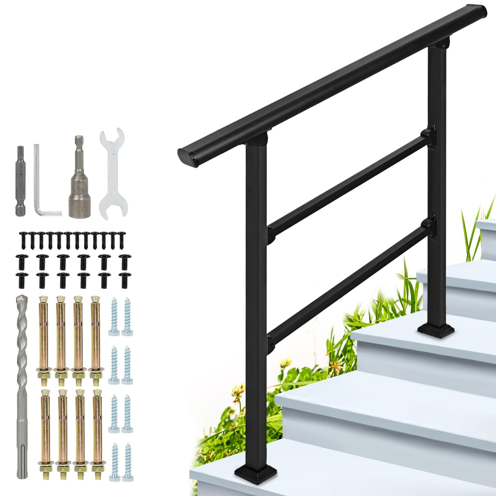 3-Step Outdoor Stair Railing: Black Wrought Iron Handrail for 2 to 3 Steps - Porch Stairs Hand Rail Railings Kit