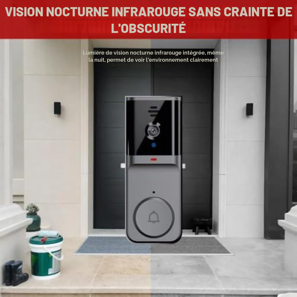 Sonnette vidéo sans fil, sans WiFi, audio bidirectionnel, caméra activée avec écran, interphone vidéo 1080p, design étanche pour une utilisation en extérieur, abonnement