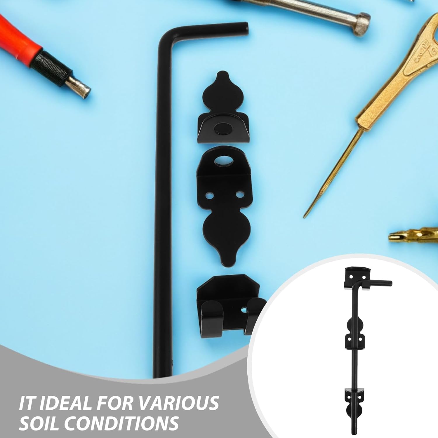 Heavy Duty Cane Bolt Gate Drop Rod 12-inch Garden Door Latch with Ground Latch for Wood Metal Fence Gates Outdoor, 2pcs