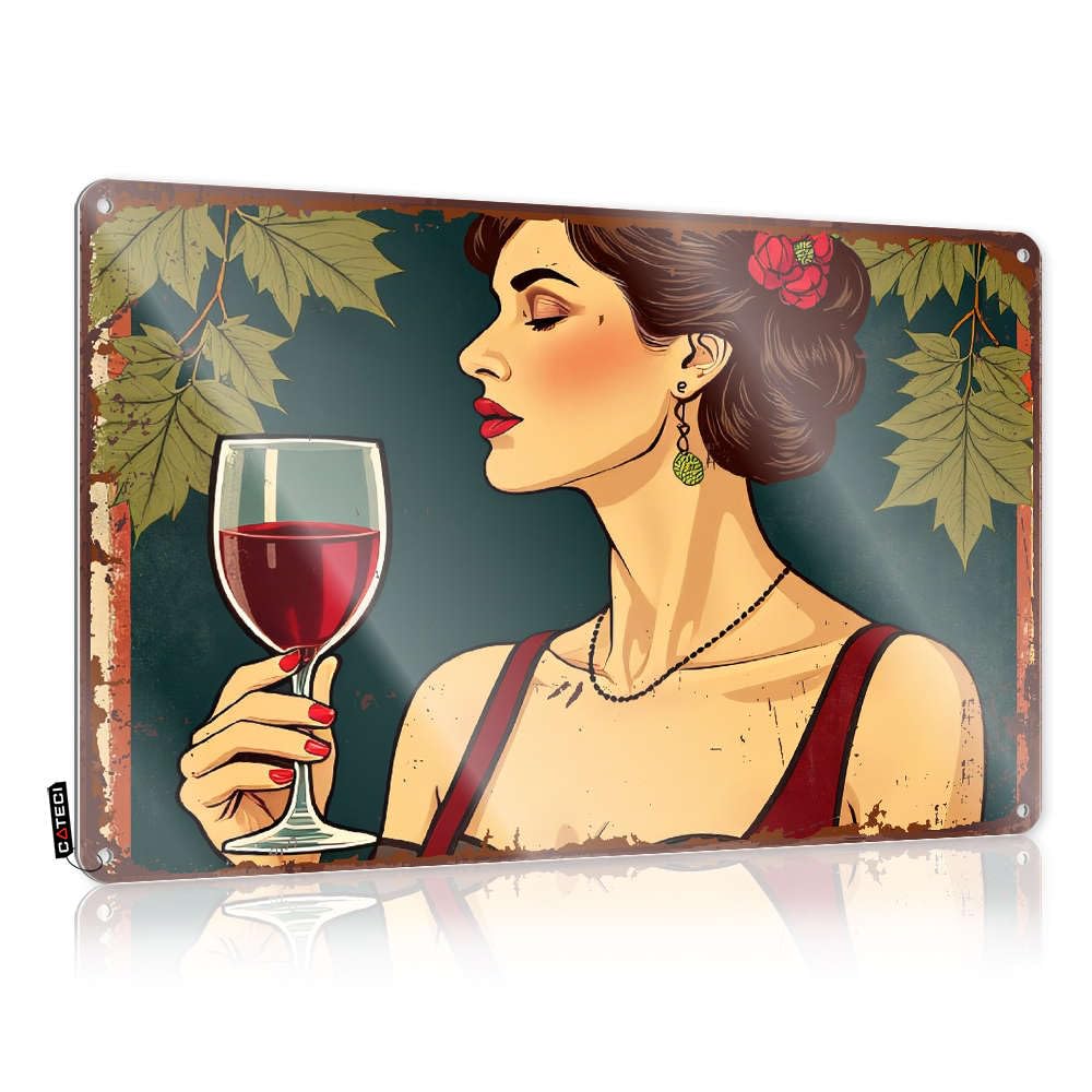 Fzfn Colour Cottage Custom Vintage Poster - A Woman Enjoying A Glass Of Red Wine. Hippie Metal Wall Art Ready To Hang For Farmhouse(20X30cm)