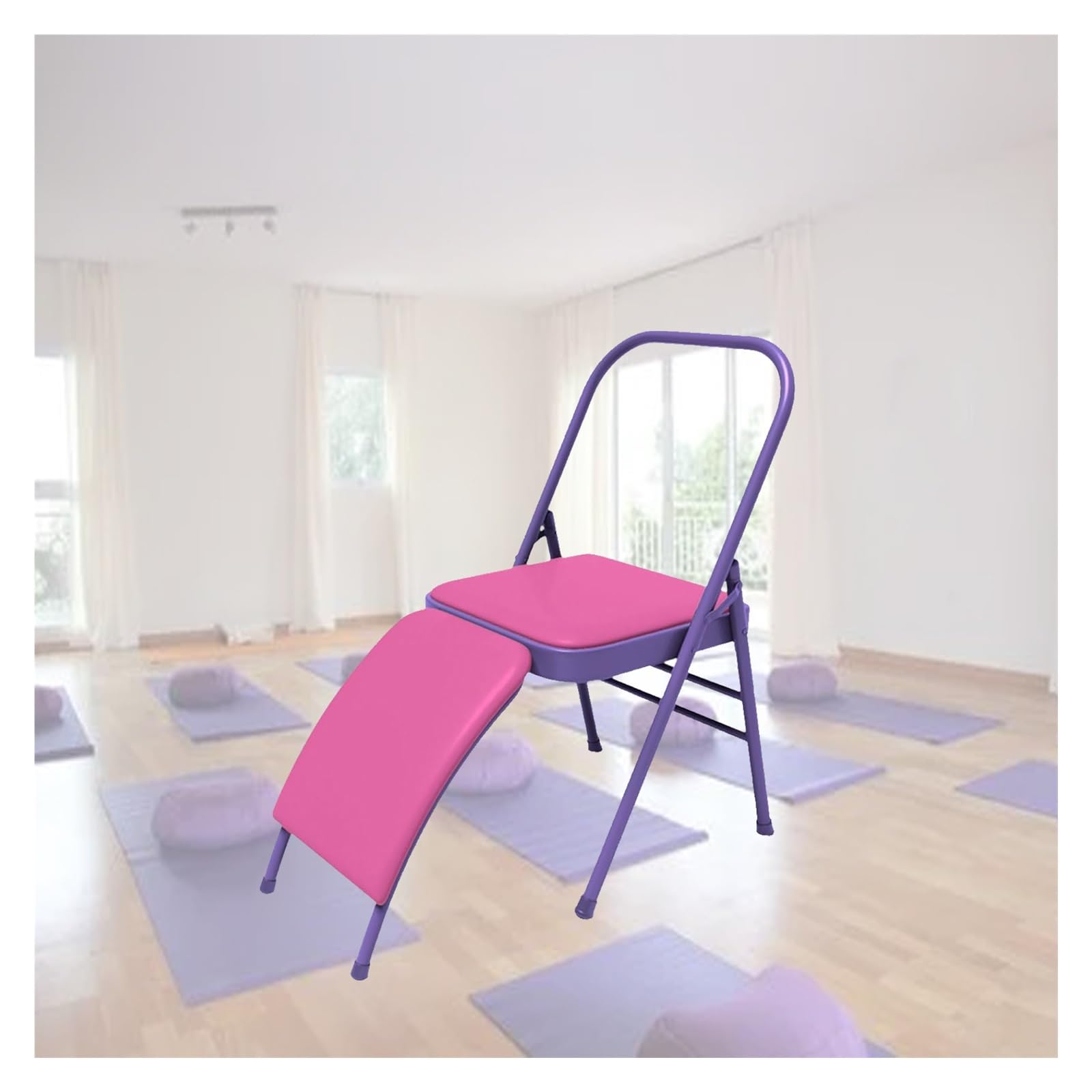 MZZKFC Double Beam Yoga Auxiliary Foldable Chair with PU Cushion, Purple Yoga Chair with Removable Waist Support, Yoga Equipment for Yoga Studios/Gyms/Home